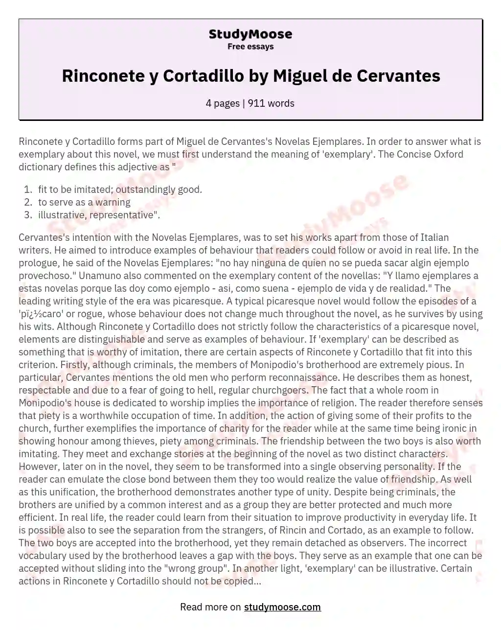 Rinconete y Cortadillo by Miguel de Cervantes essay