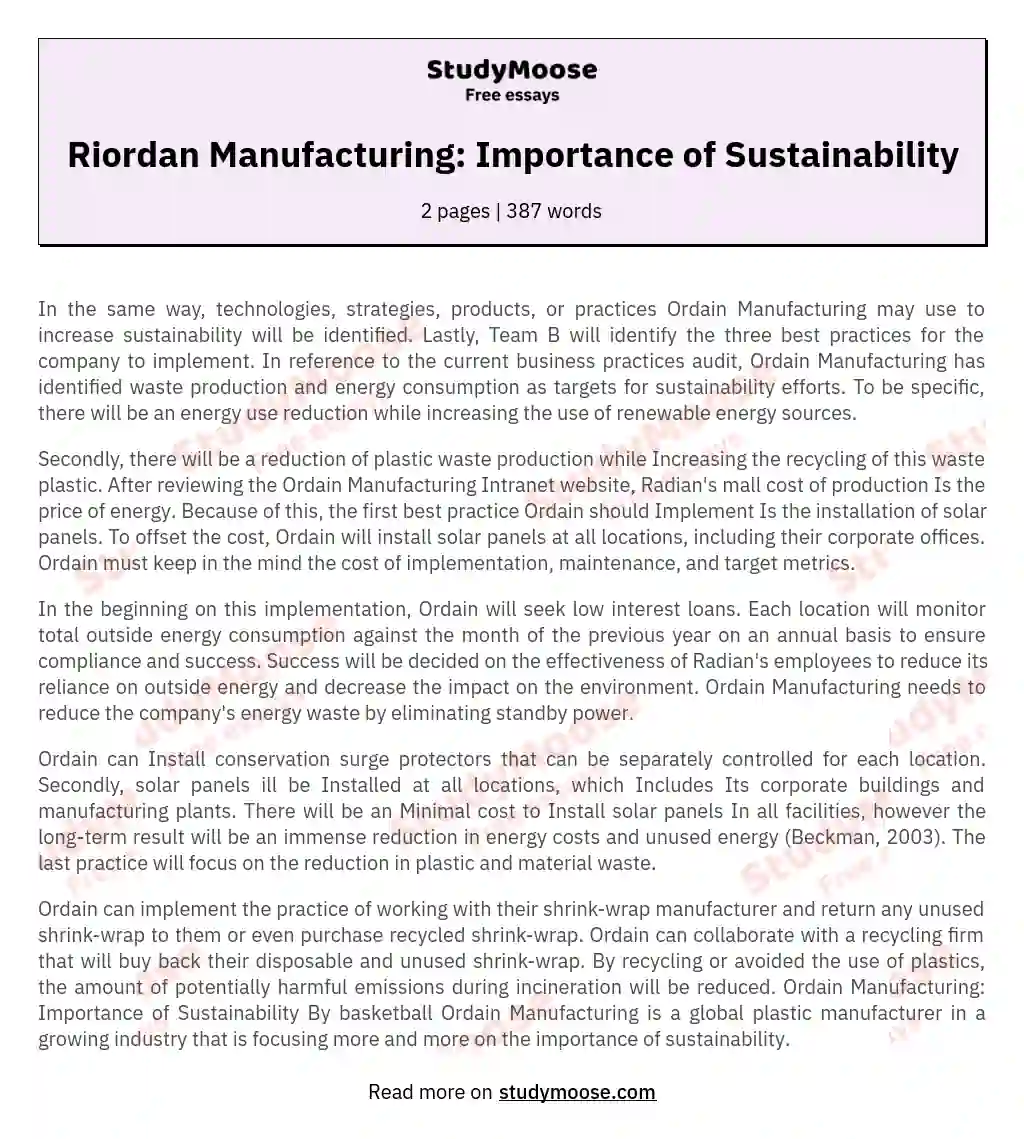 Riordan Manufacturing: Importance of Sustainability essay