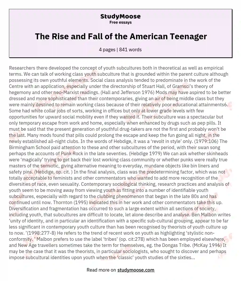 The Rise and Fall of the American Teenager essay