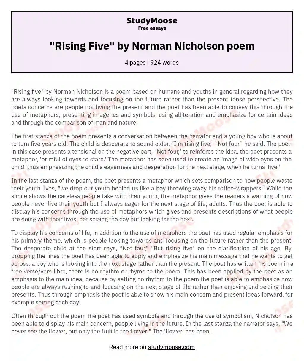 "Rising Five" by Norman Nicholson poem essay