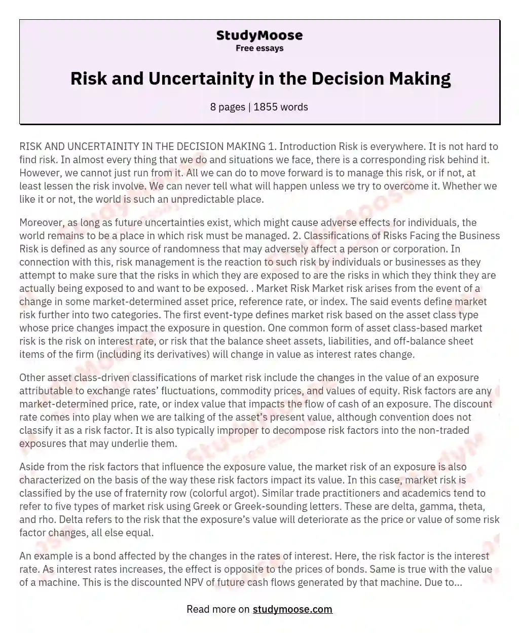 Risk and Uncertainity in the Decision Making essay