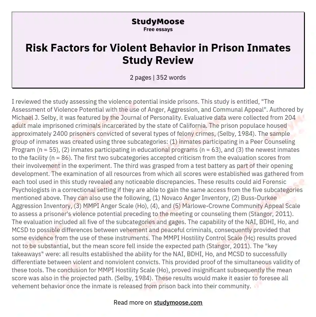 Risk Factors for Violent Behavior in Prison Inmates Study Review essay