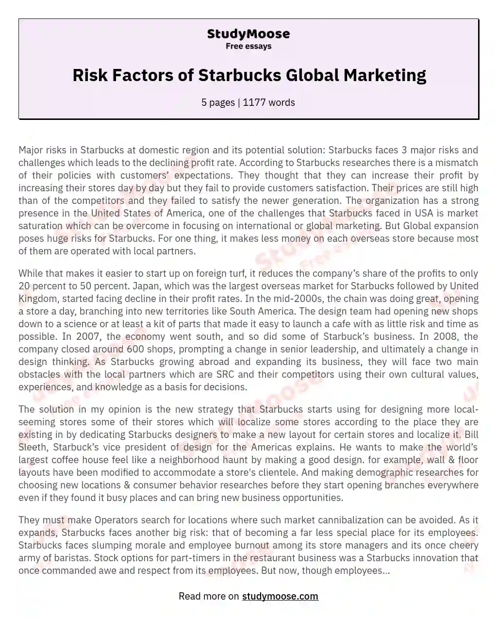 Risk Factors of Starbucks Global Marketing