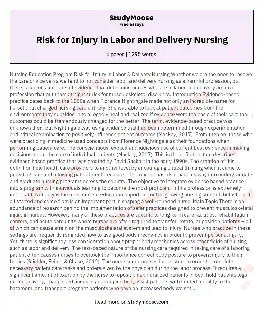 Risk for Injury in Labor and Delivery Nursing essay