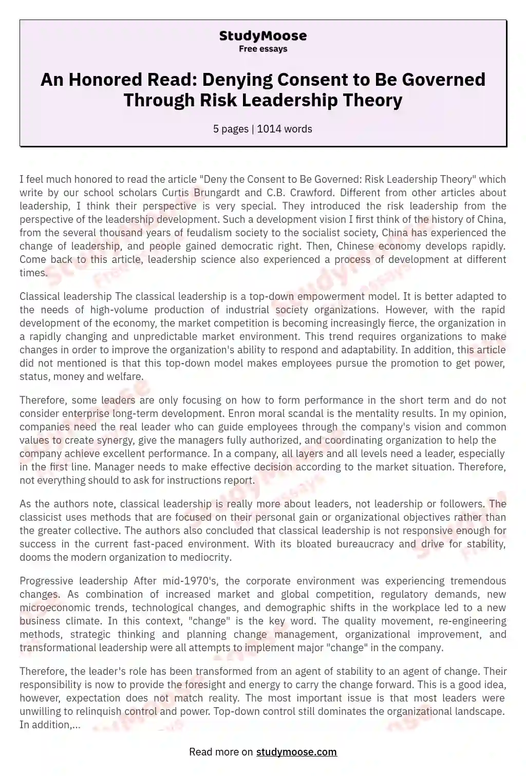 An Honored Read: Denying Consent to Be Governed Through Risk Leadership Theory essay