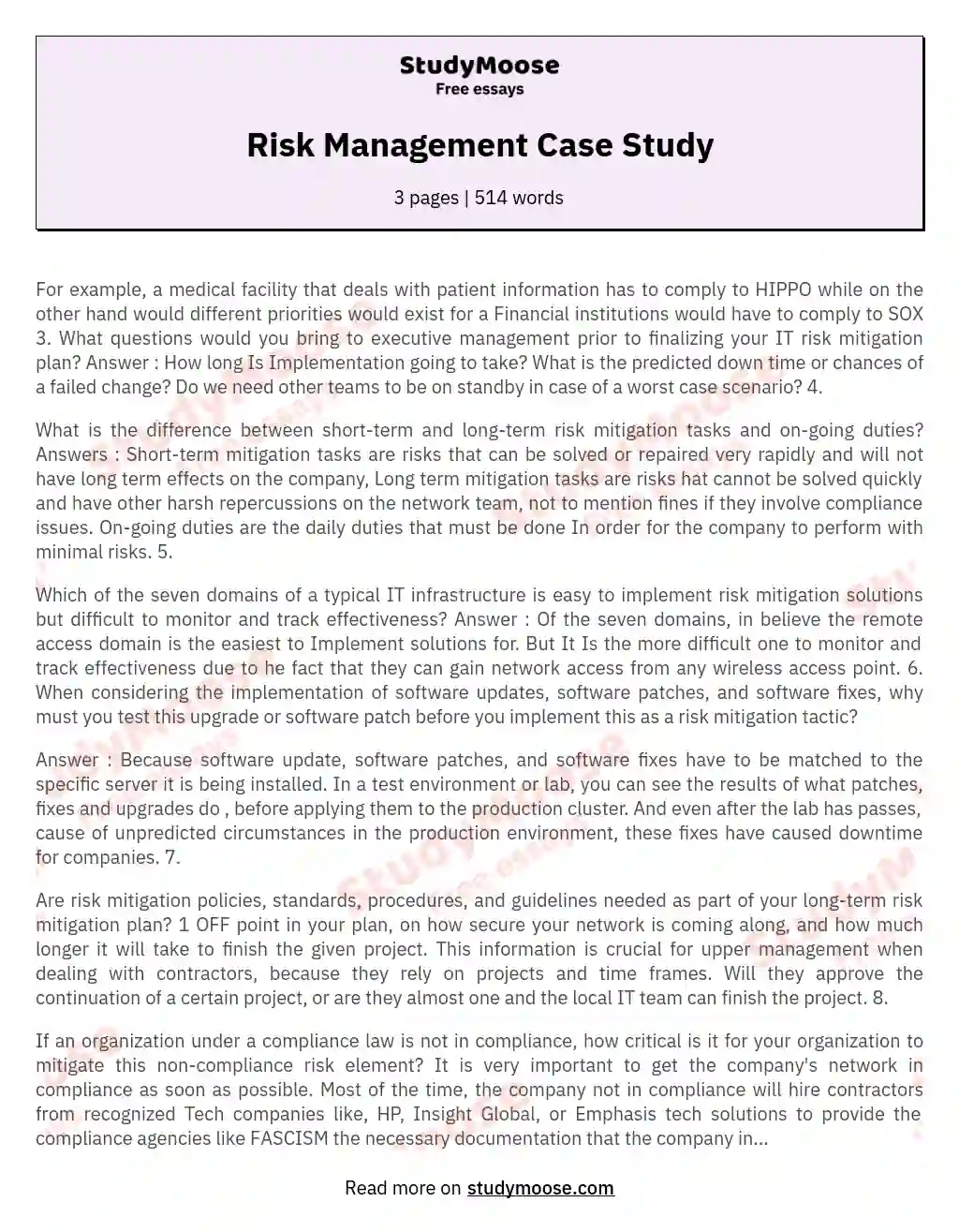 Risk Management Case Study essay