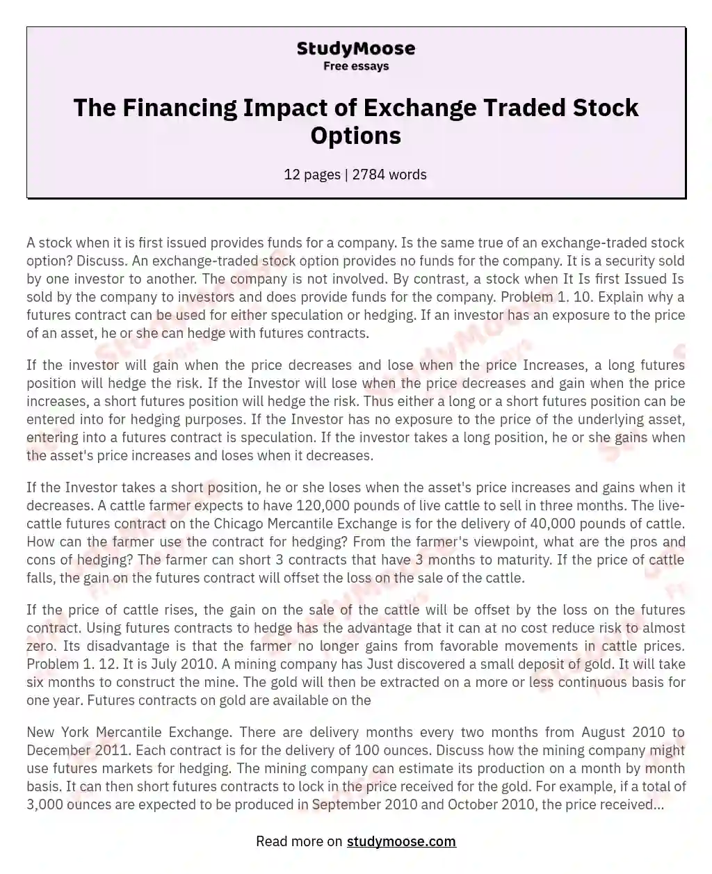 The Financing Impact of Exchange Traded Stock Options essay