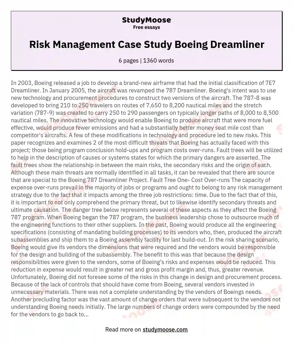 Risk Management Case Study Boeing Dreamliner essay