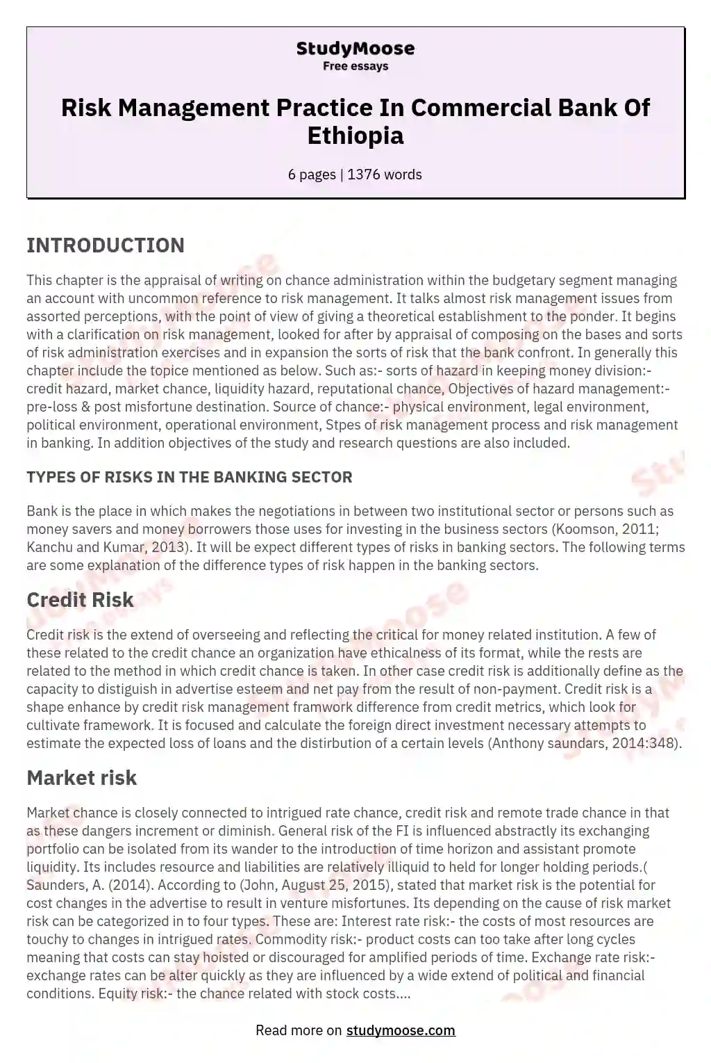 Risk Management Practice In Commercial Bank Of Ethiopia essay