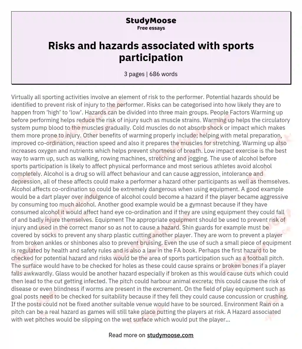 Risks and hazards associated with sports participation
