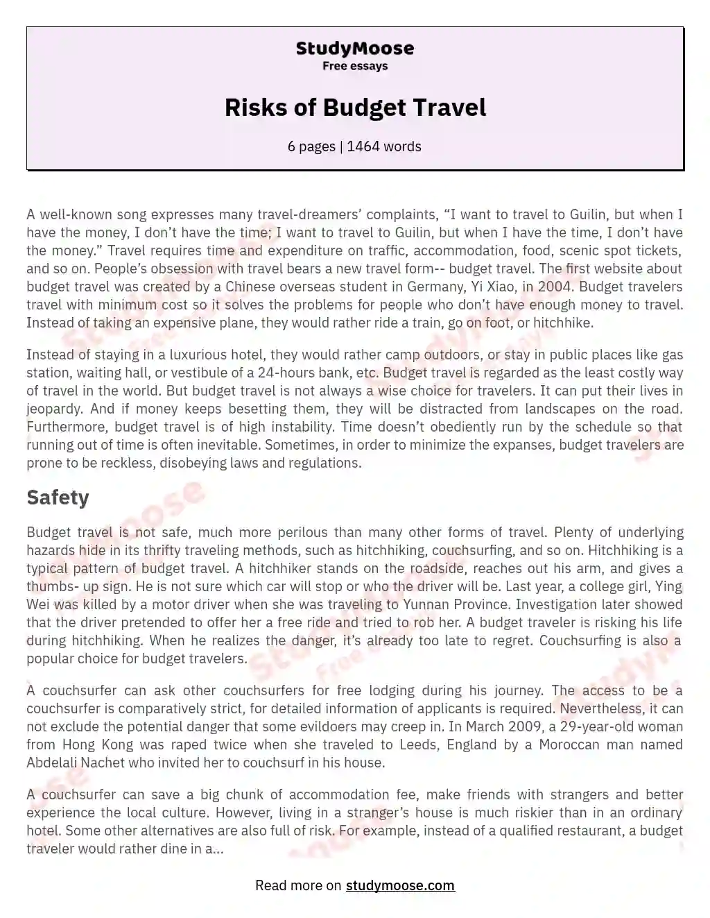 Risks of Budget Travel essay