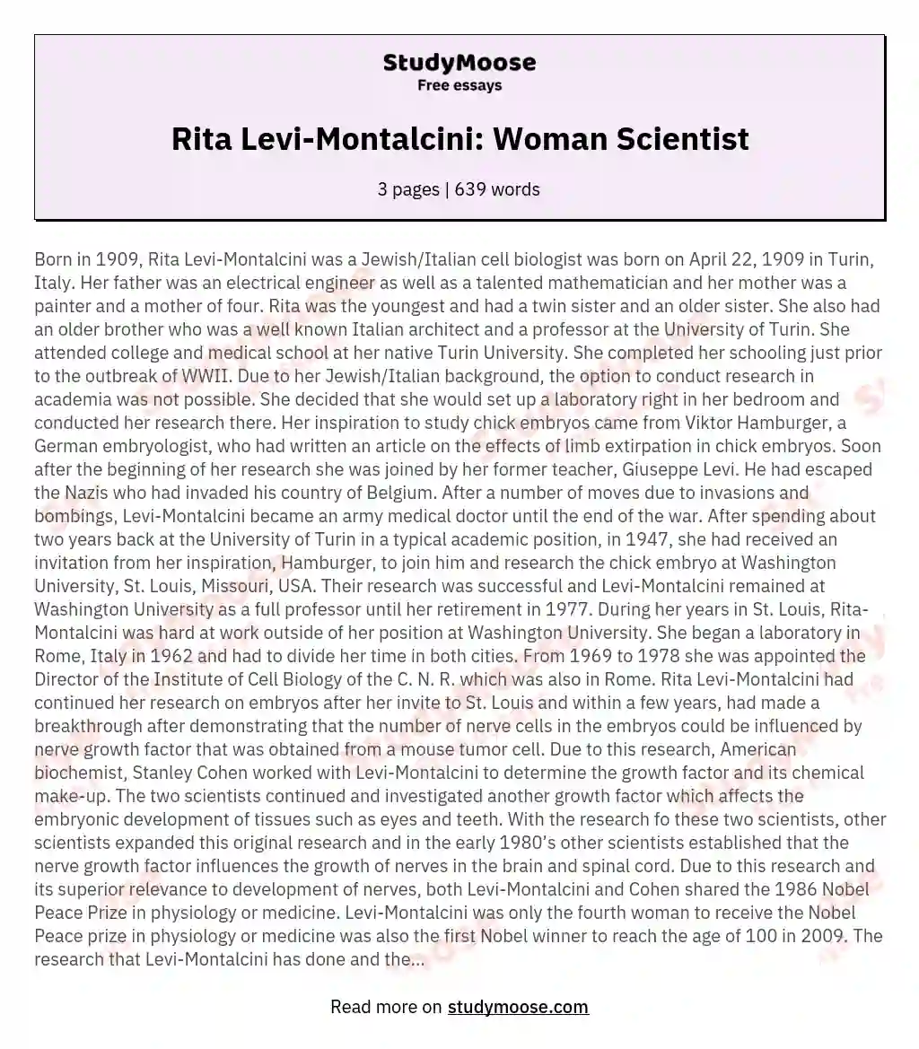 Rita Levi-Montalcini: Woman Scientist essay