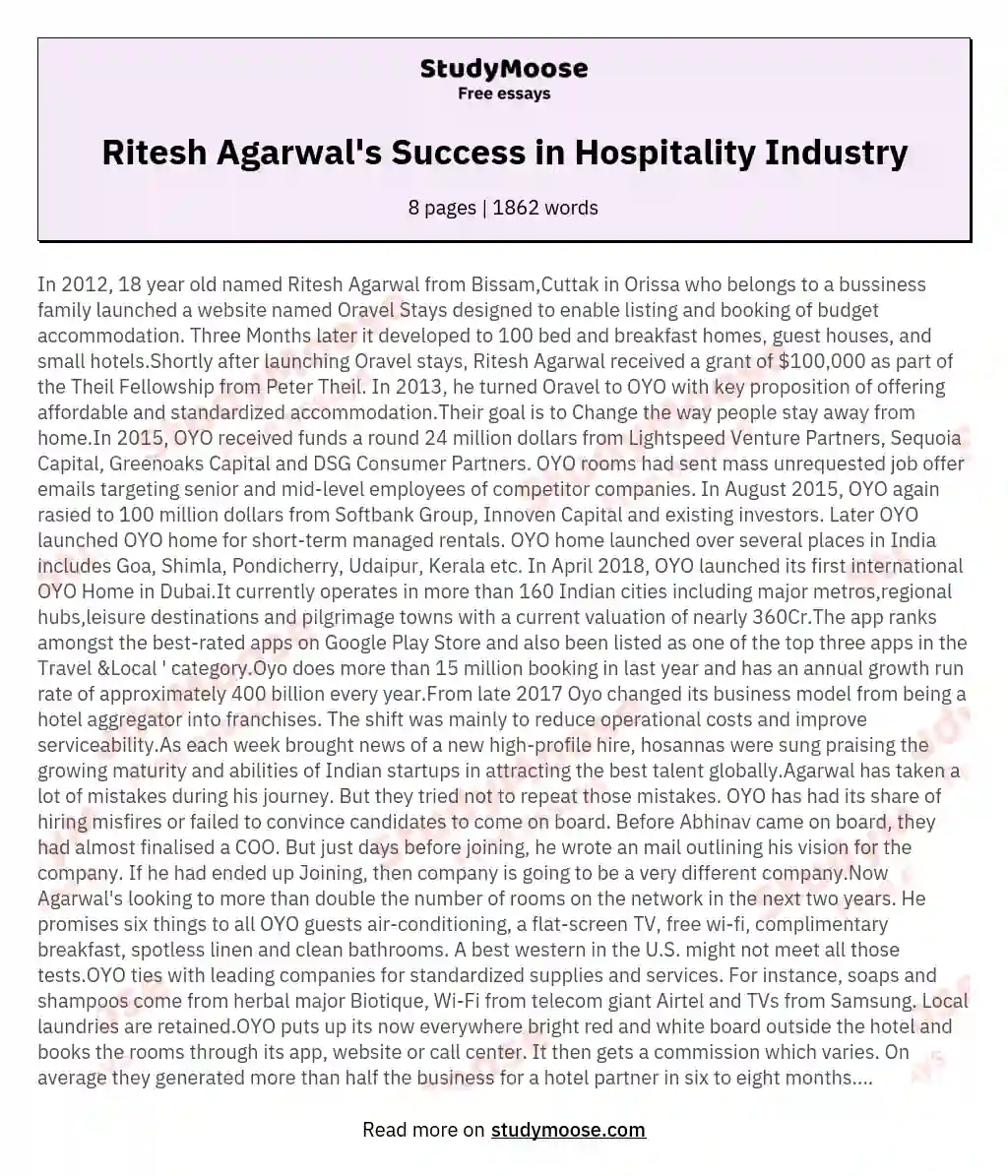 Ritesh Agarwal's Success in Hospitality Industry essay
