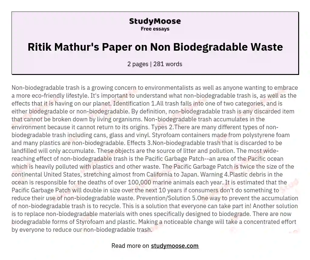 Ritik Mathur's Paper on Non Biodegradable Waste essay
