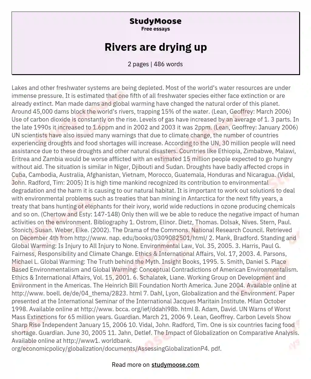 Rivers are drying up essay