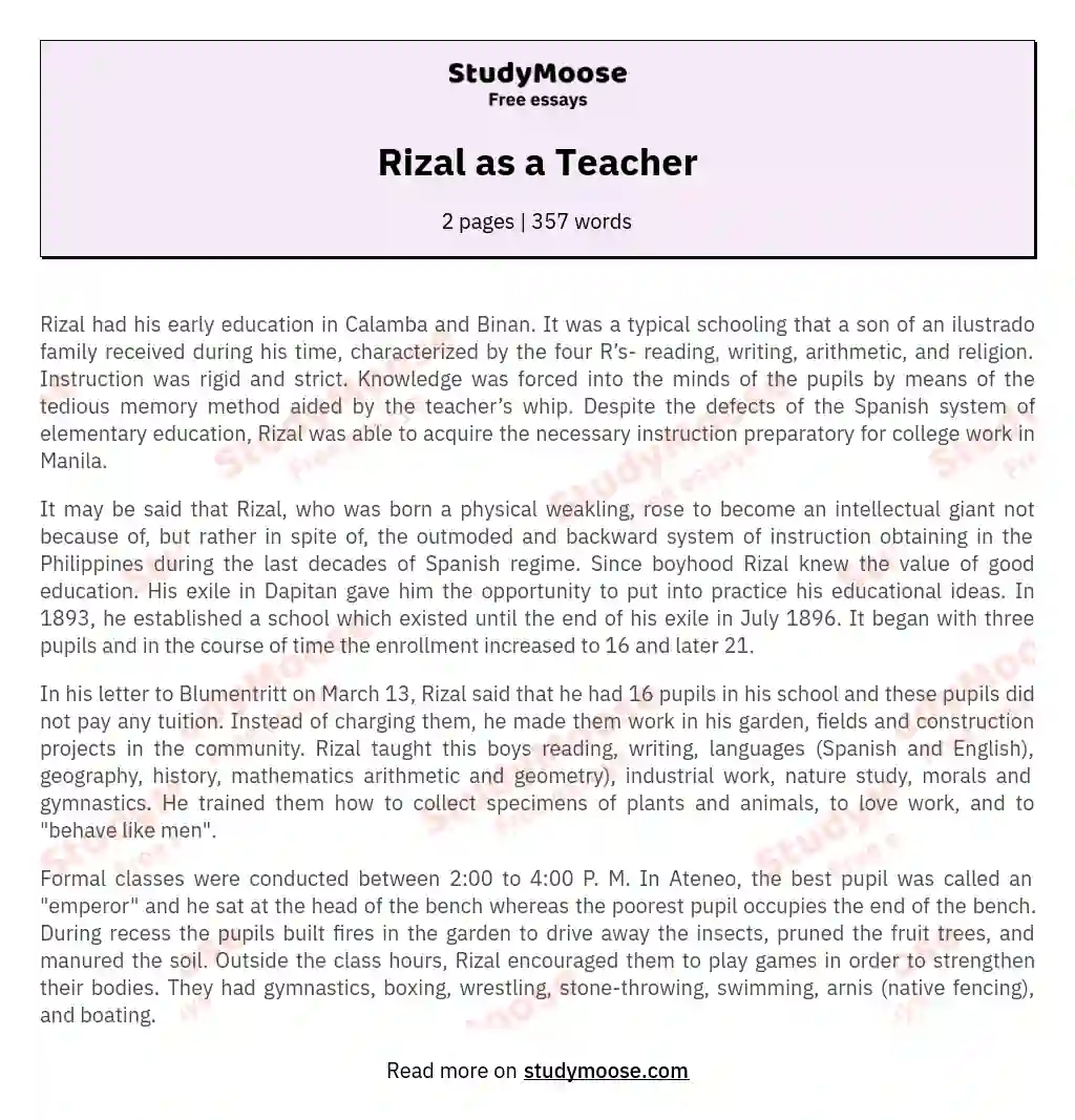 Rizal as a Teacher essay