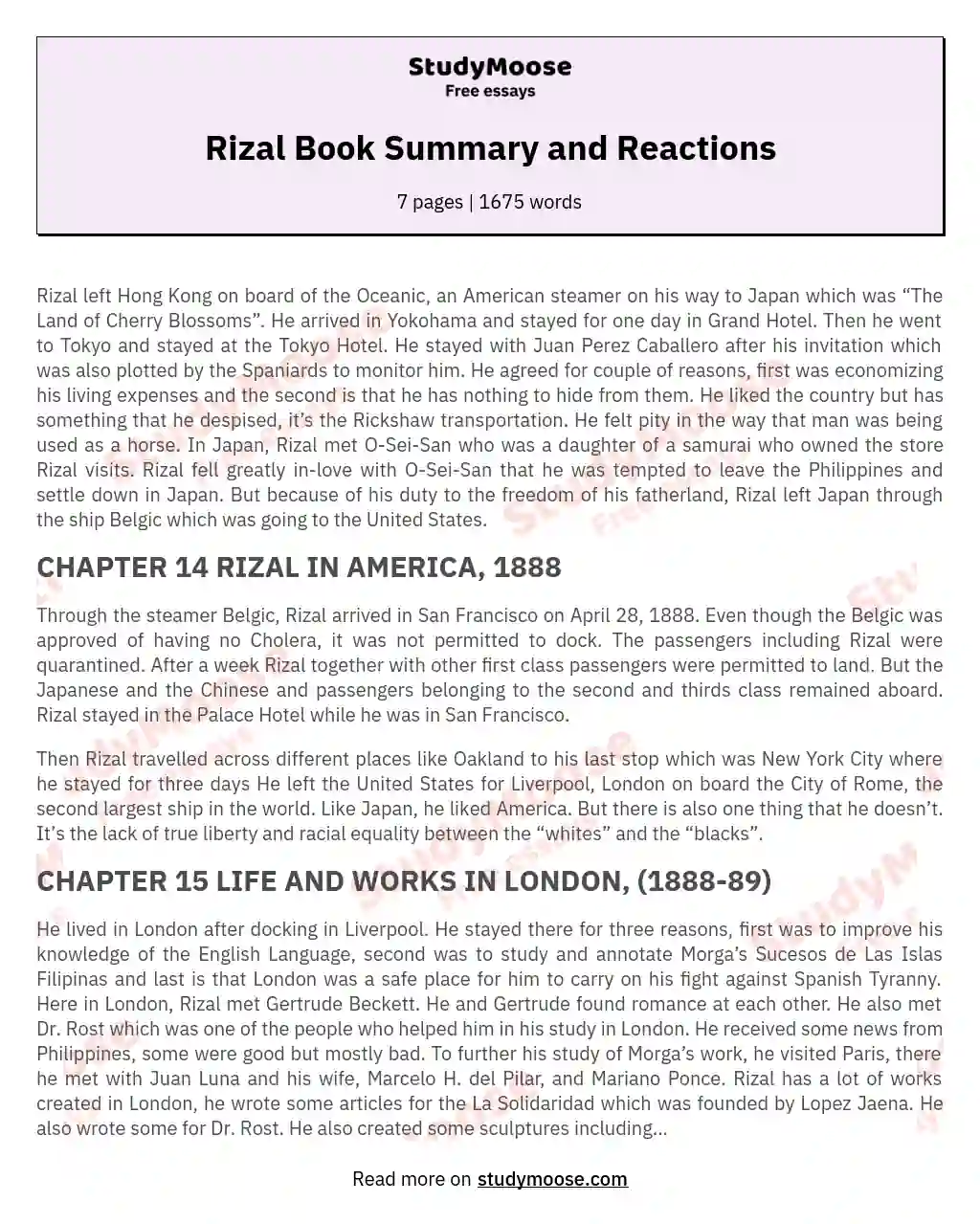 Rizal Book Summary and Reactions essay