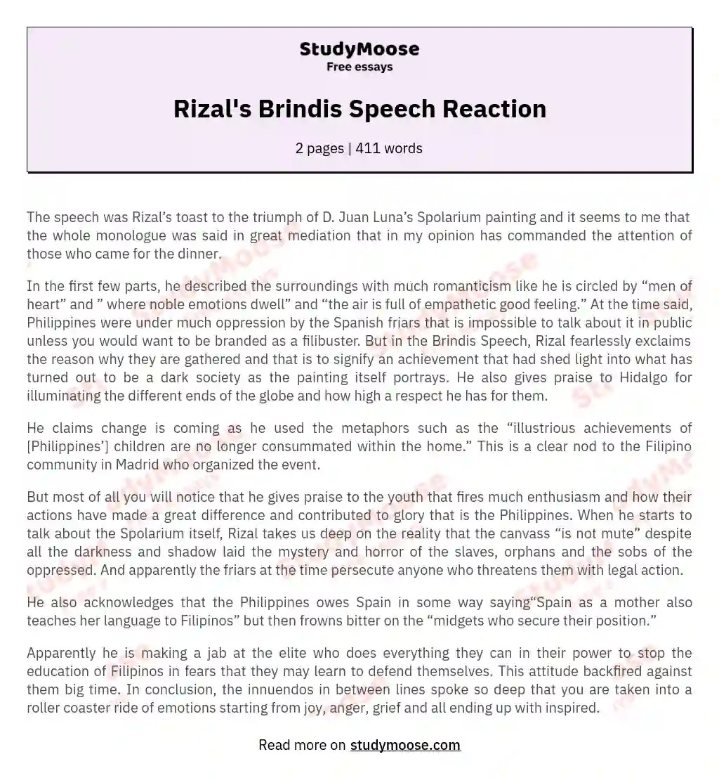 Rizal's Brindis Speech Reaction essay