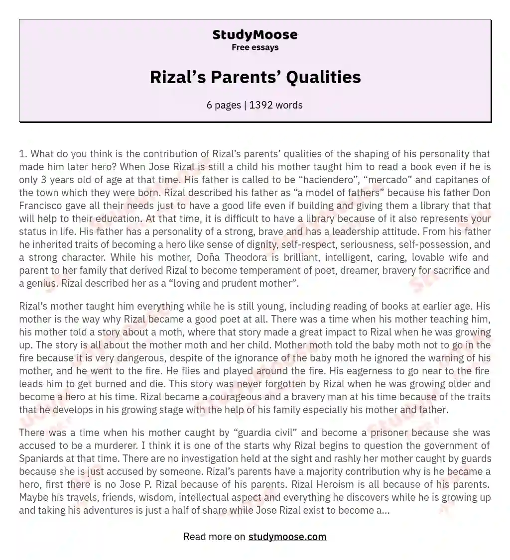 Rizal’s Parents’ Qualities essay