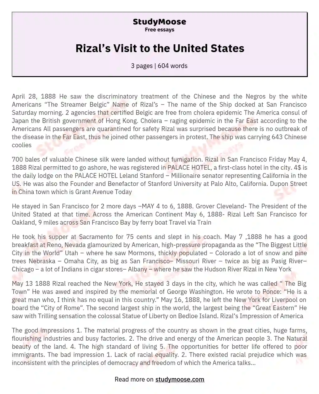 Rizal’s Visit to the United States essay