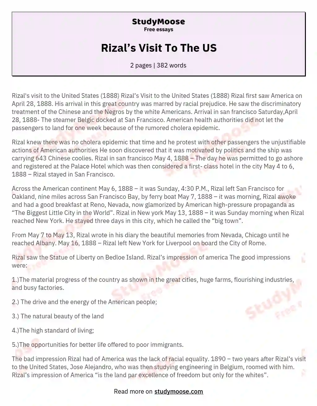 Rizal’s Visit To The US essay