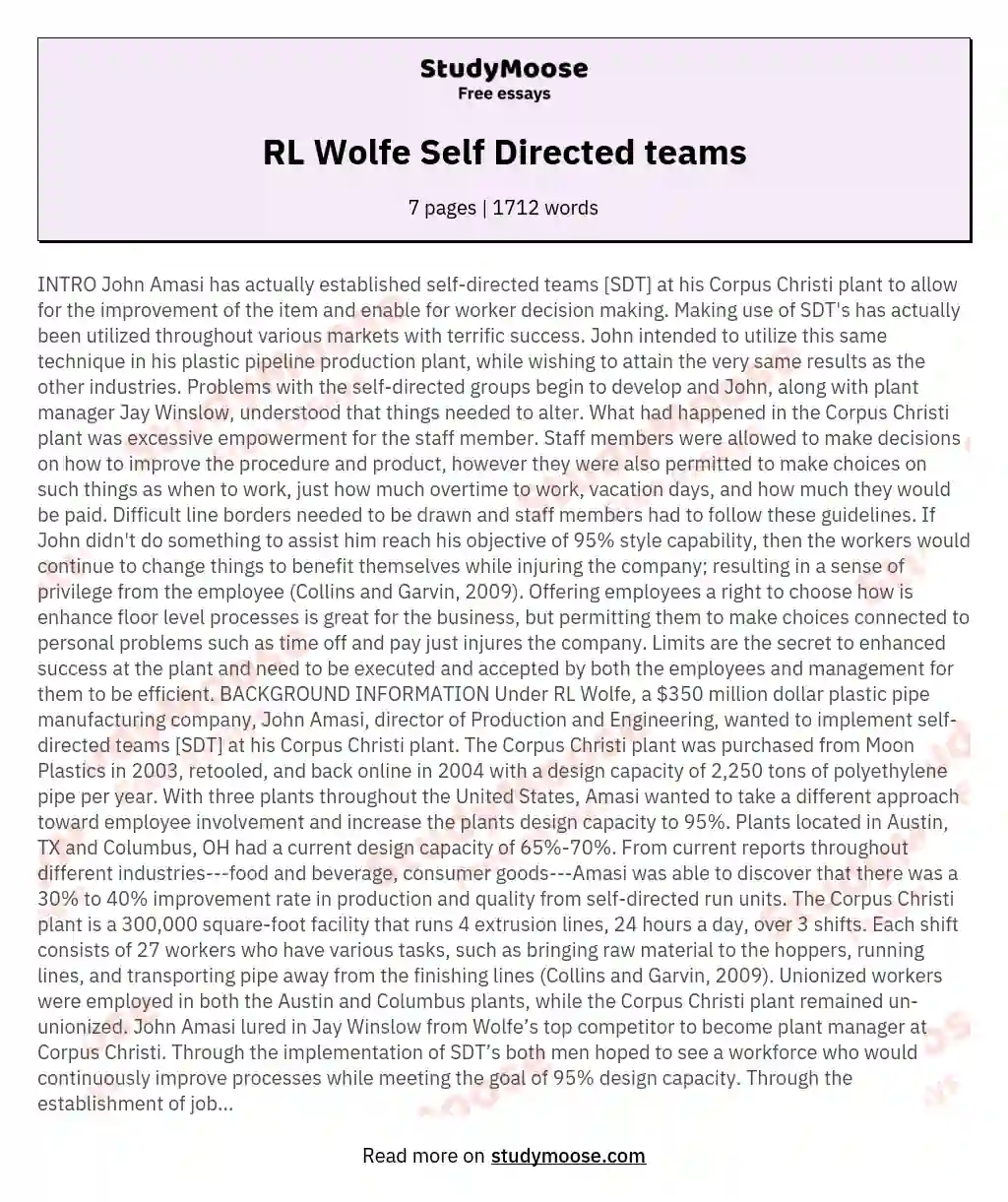 RL Wolfe Self Directed teams