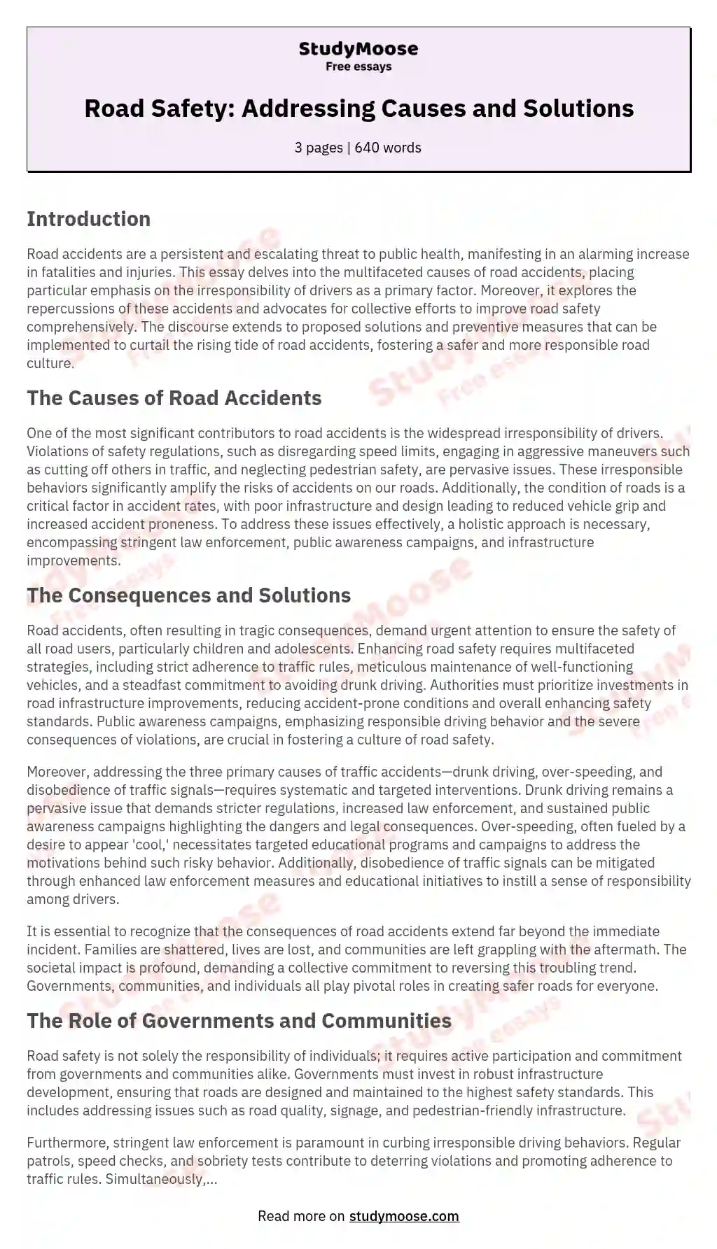 Road Safety: Addressing Causes and Solutions essay