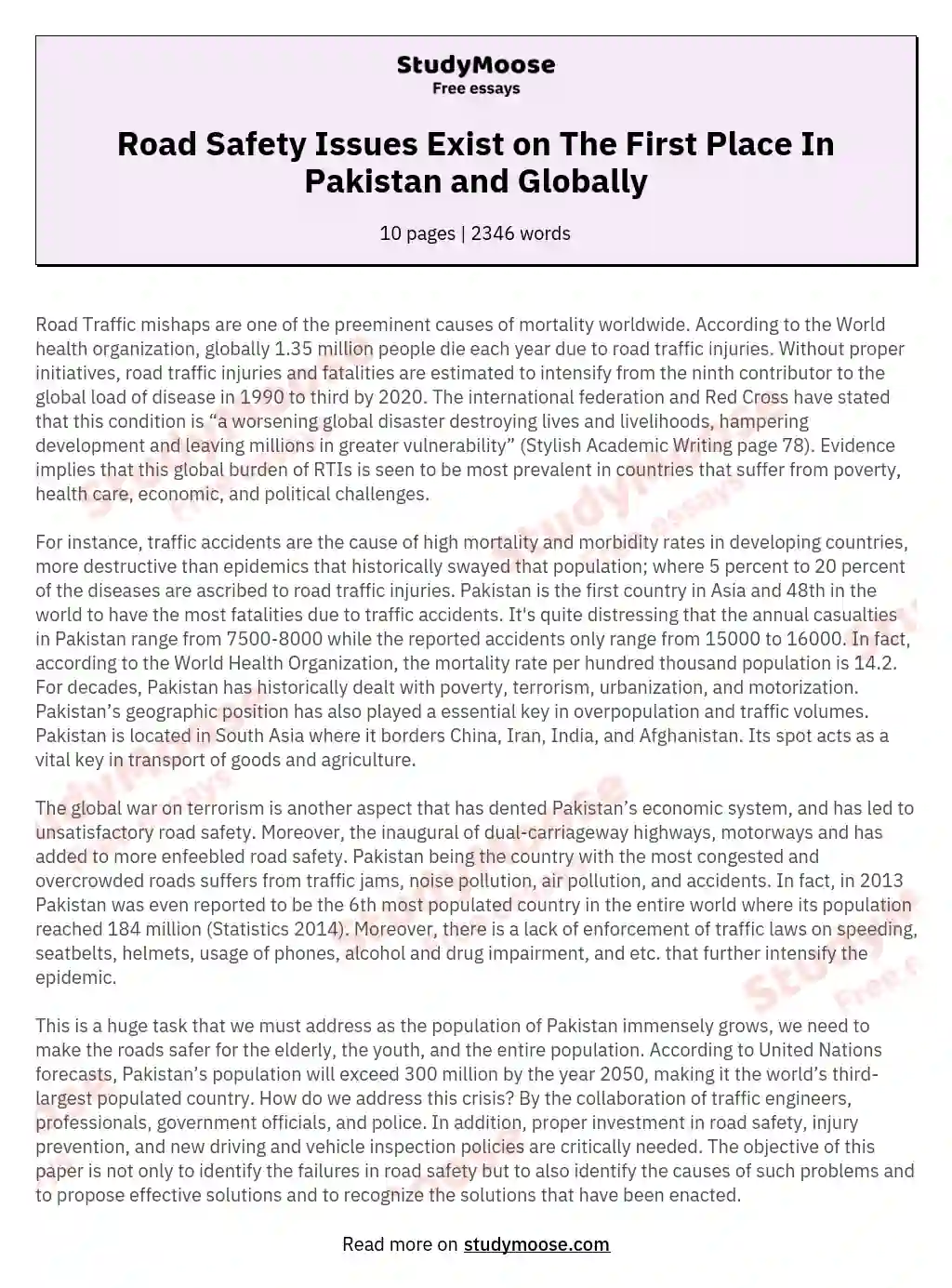 Road Safety Issues Exist on The First Place In Pakistan and Globally essay