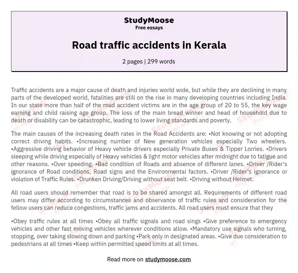 Road traffic accidents in Kerala essay