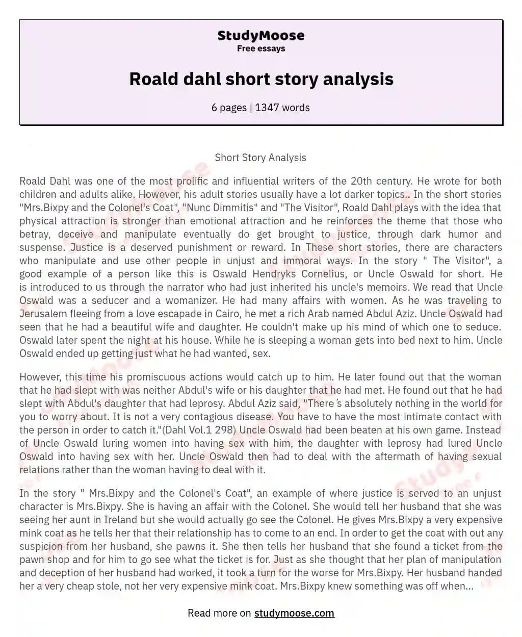 Roald dahl short story analysis essay