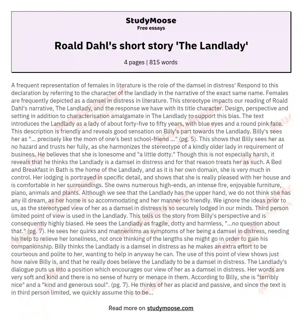 Roald Dahl's short story 'The Landlady' essay