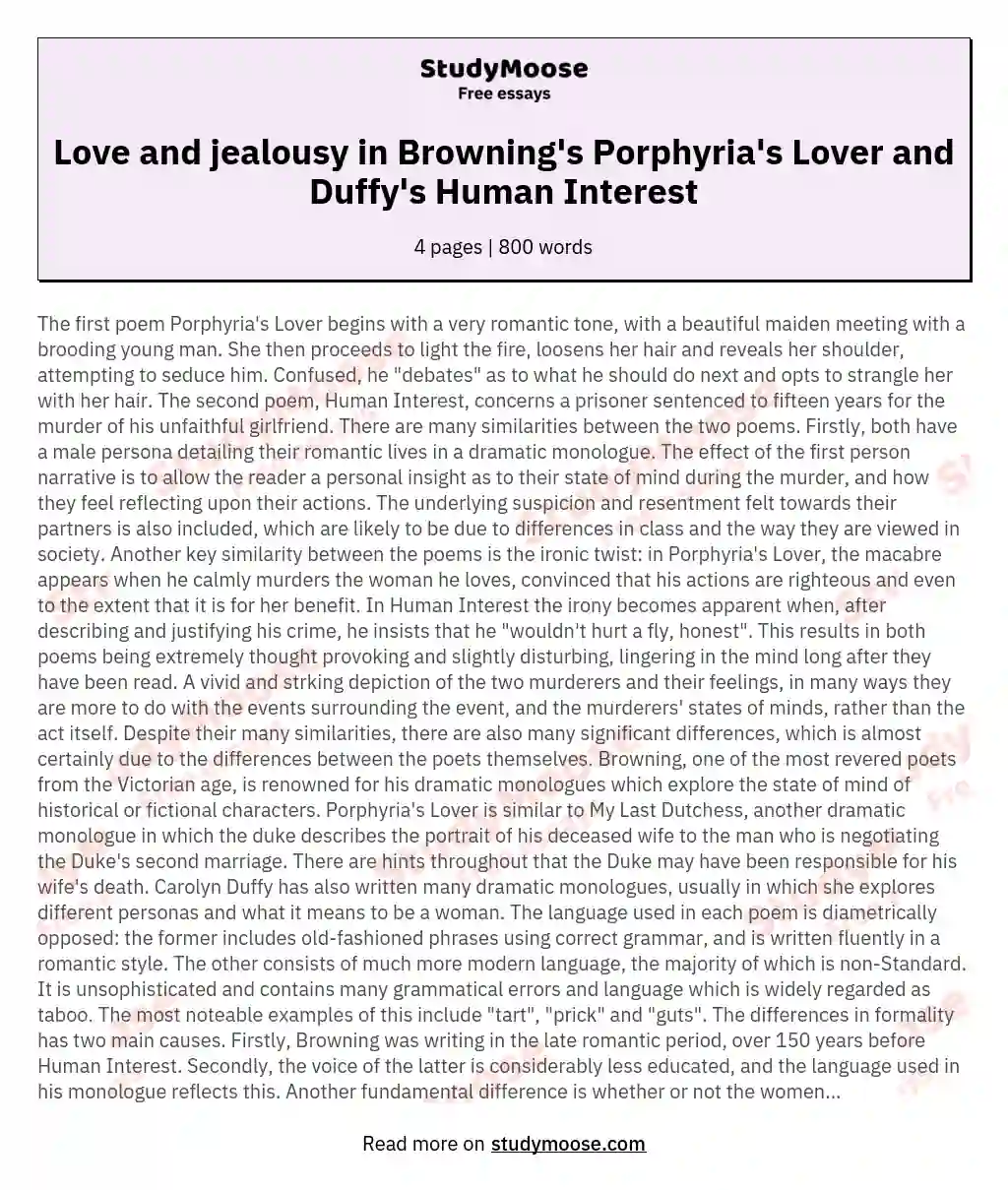 How do Robert Browing in Porphyria's Lover and Carol Ann Duffy in Human Interest present the emotions of love and jealousy?