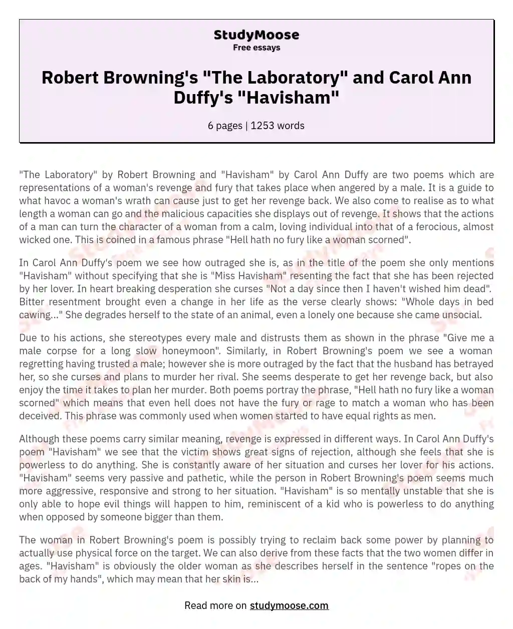 Robert Browning's "The Laboratory" and Carol Ann Duffy's "Havisham" essay