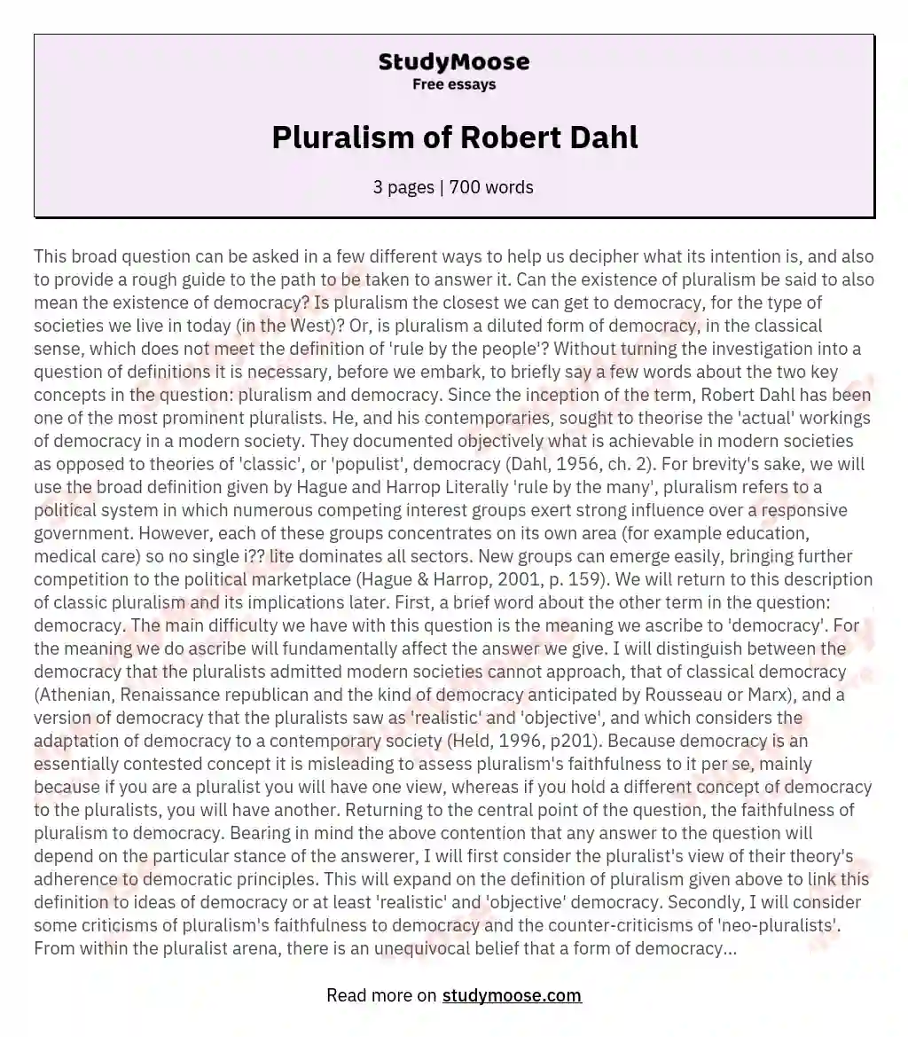Pluralism of Robert Dahl essay