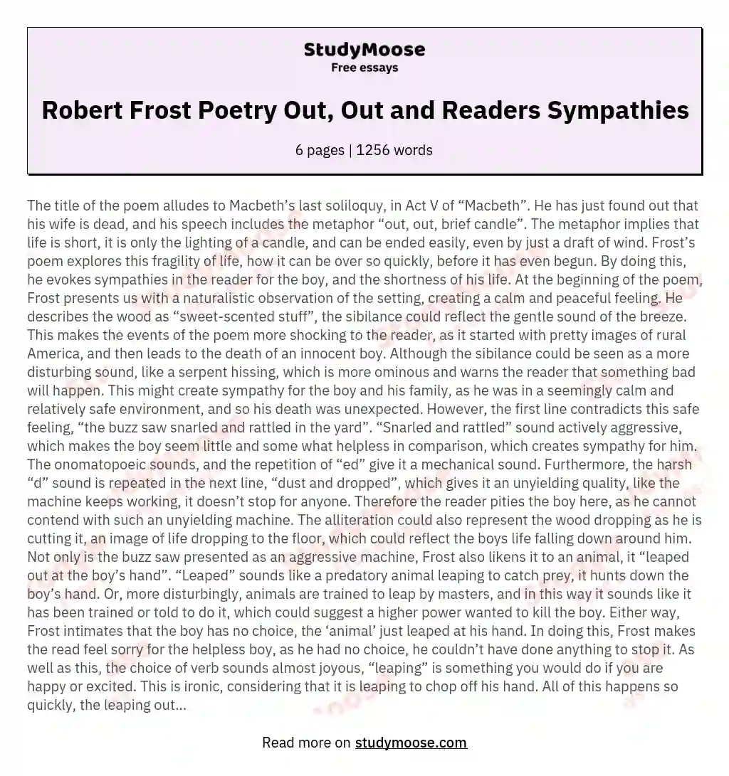 Robert Frost Poetry Out, Out and Readers Sympathies