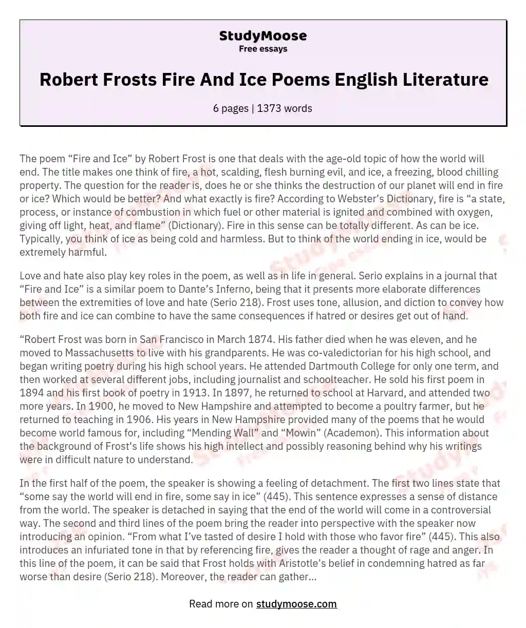 Robert Frosts Fire And Ice Poems English Literature essay