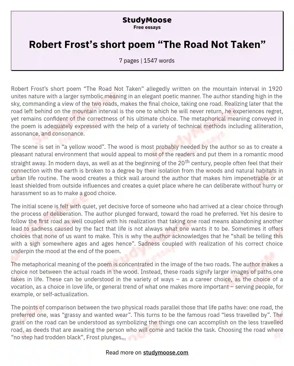 Robert Frost’s short poem “The Road Not Taken” essay