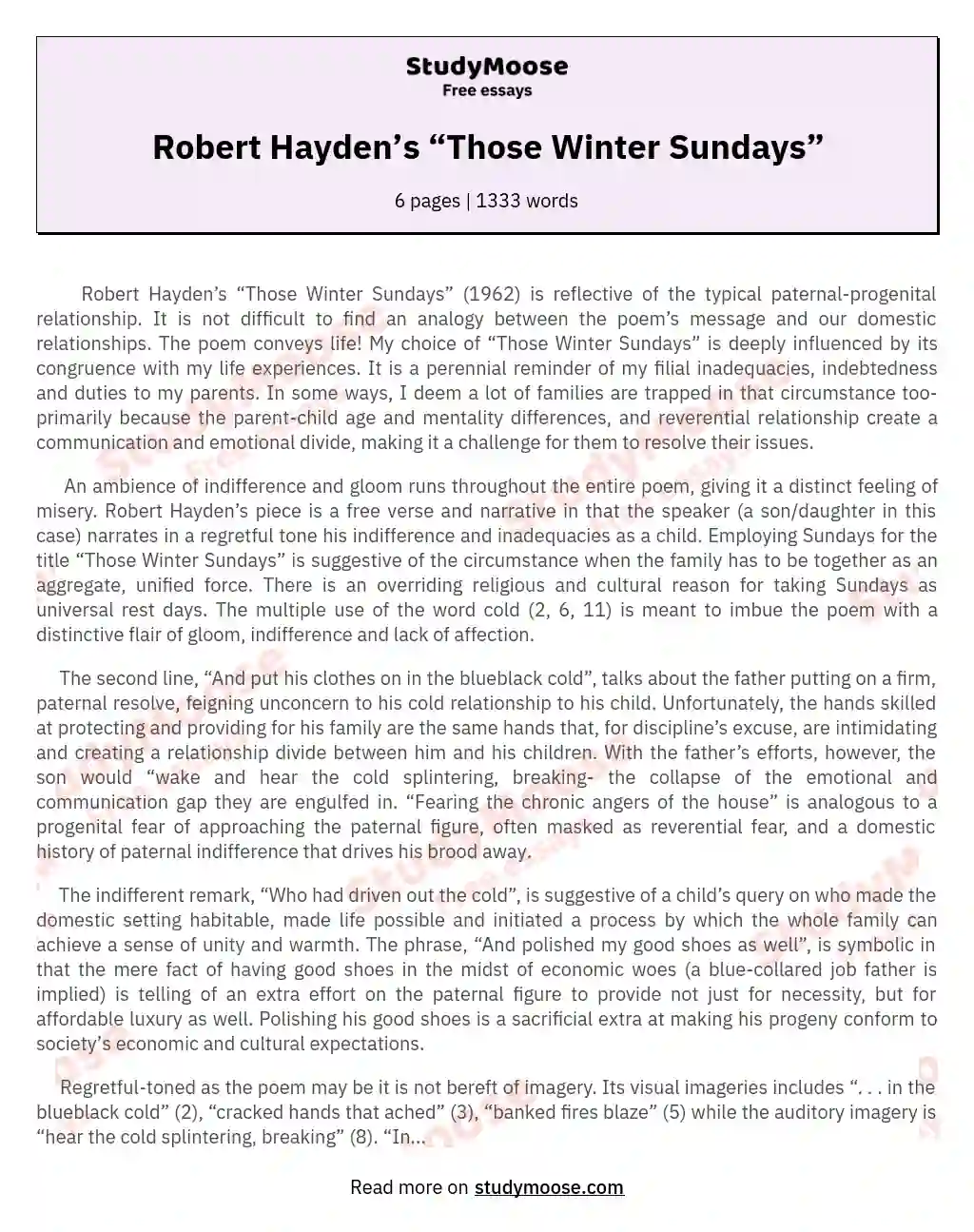 Robert Hayden’s “Those Winter Sundays” essay