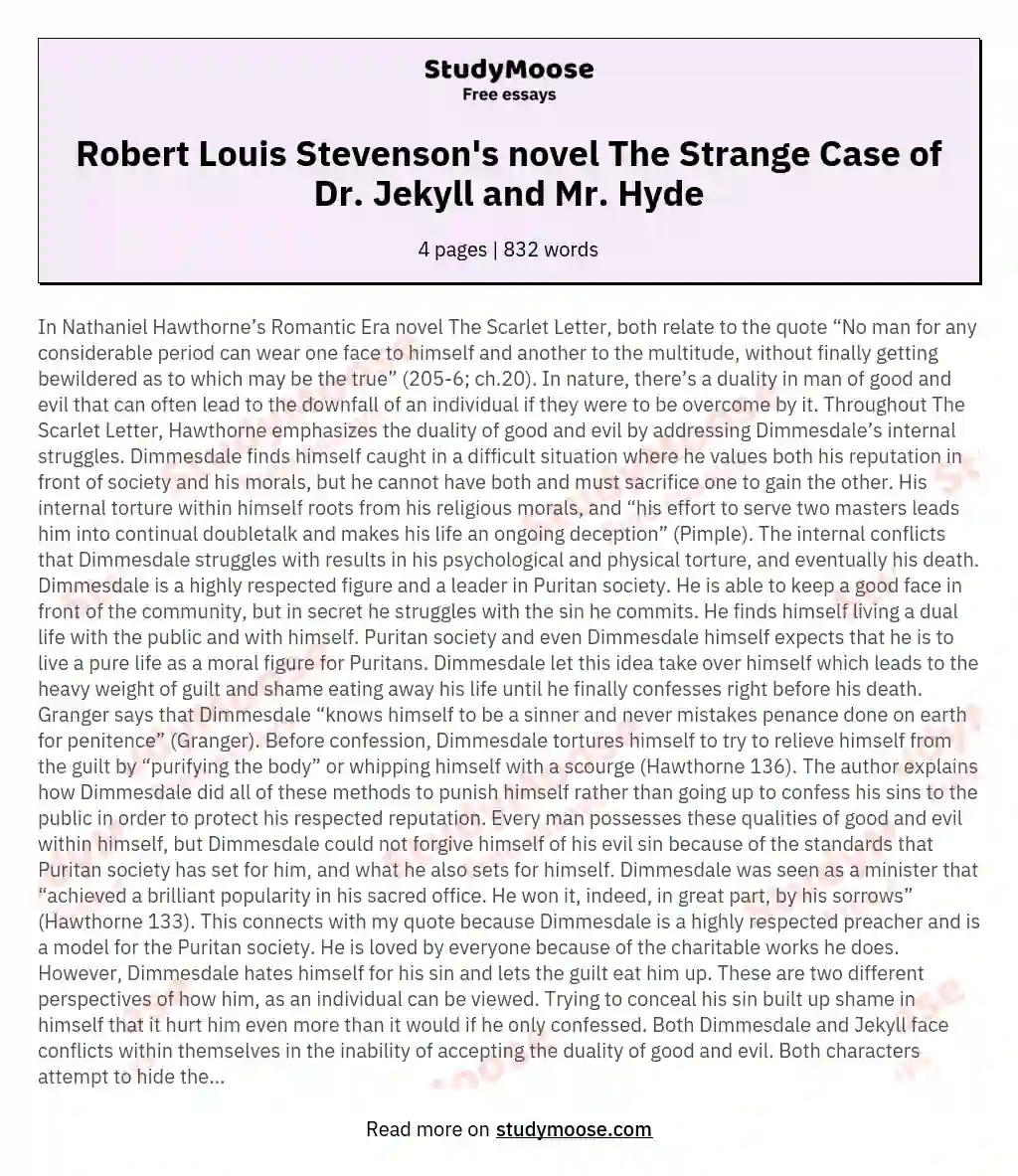 Robert Louis Stevenson's novel The Strange Case of Dr. Jekyll and Mr. Hyde essay
