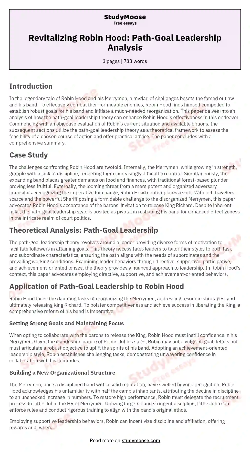 Revitalizing Robin Hood: Path-Goal Leadership Analysis essay