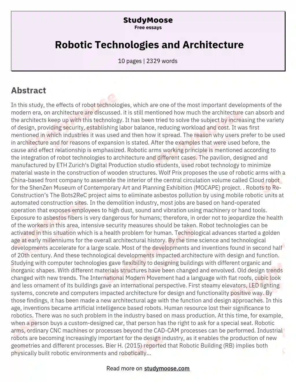  Robotic Technologies and Architecture essay