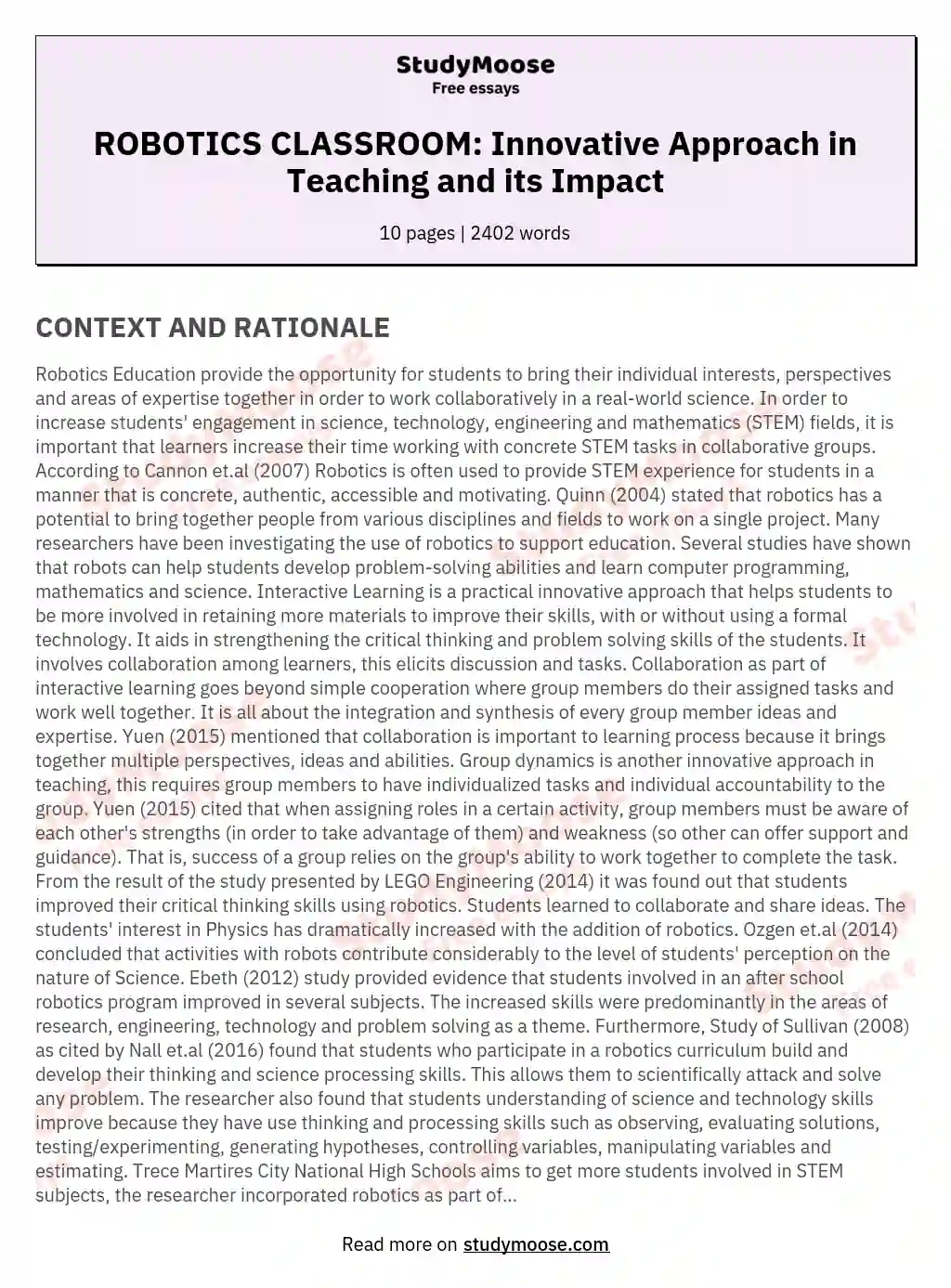ROBOTICS CLASSROOM: Innovative Approach in Teaching and its Impact essay