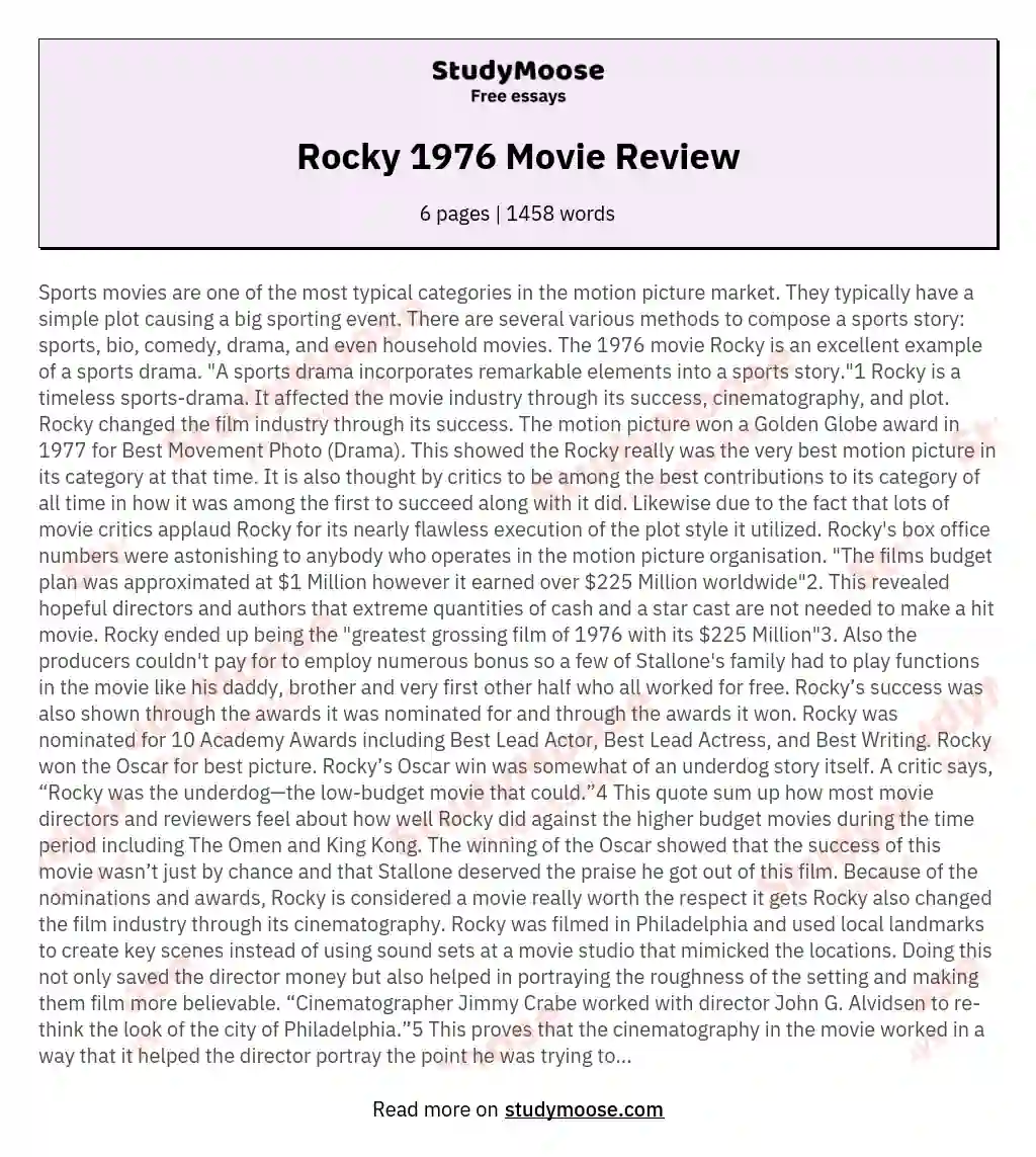 Rocky 1976 Movie Review essay