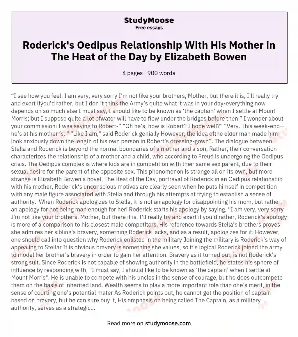 Roderick's Oedipus Relationship With His Mother in The Heat of the Day by Elizabeth Bowen essay