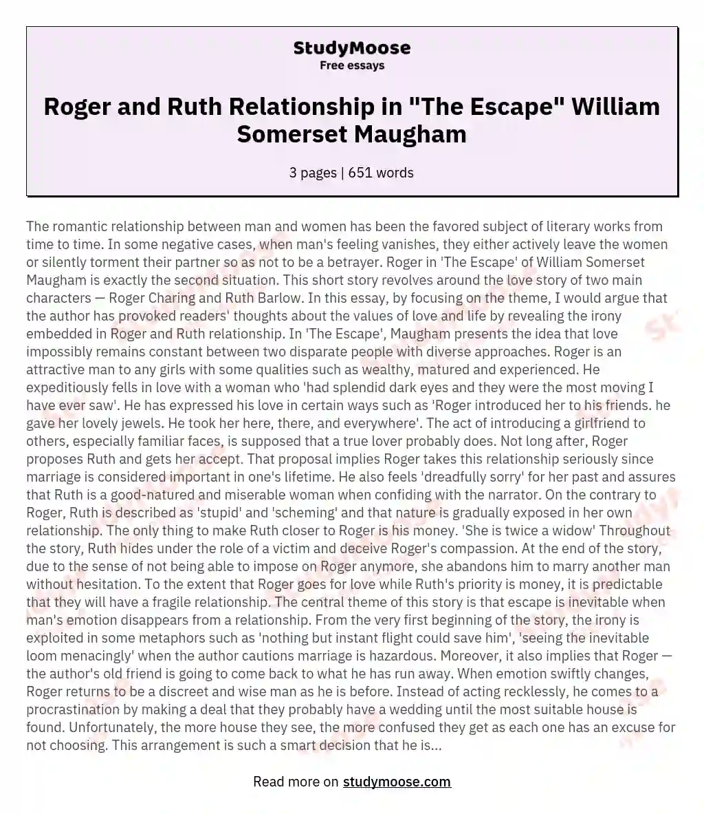 Roger and Ruth Relationship in "The Escape" William Somerset Maugham