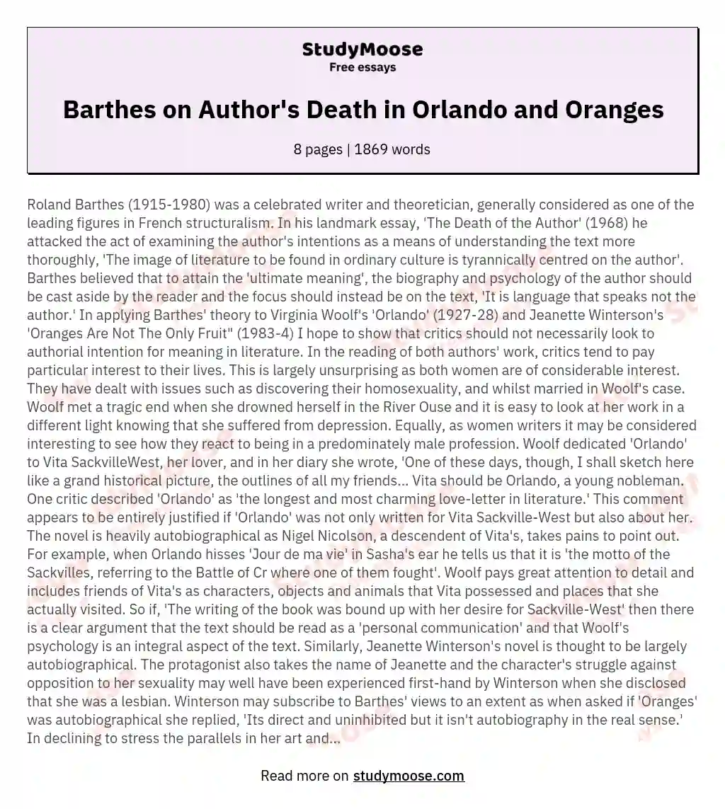 Barthes on Author's Death in Orlando and Oranges essay