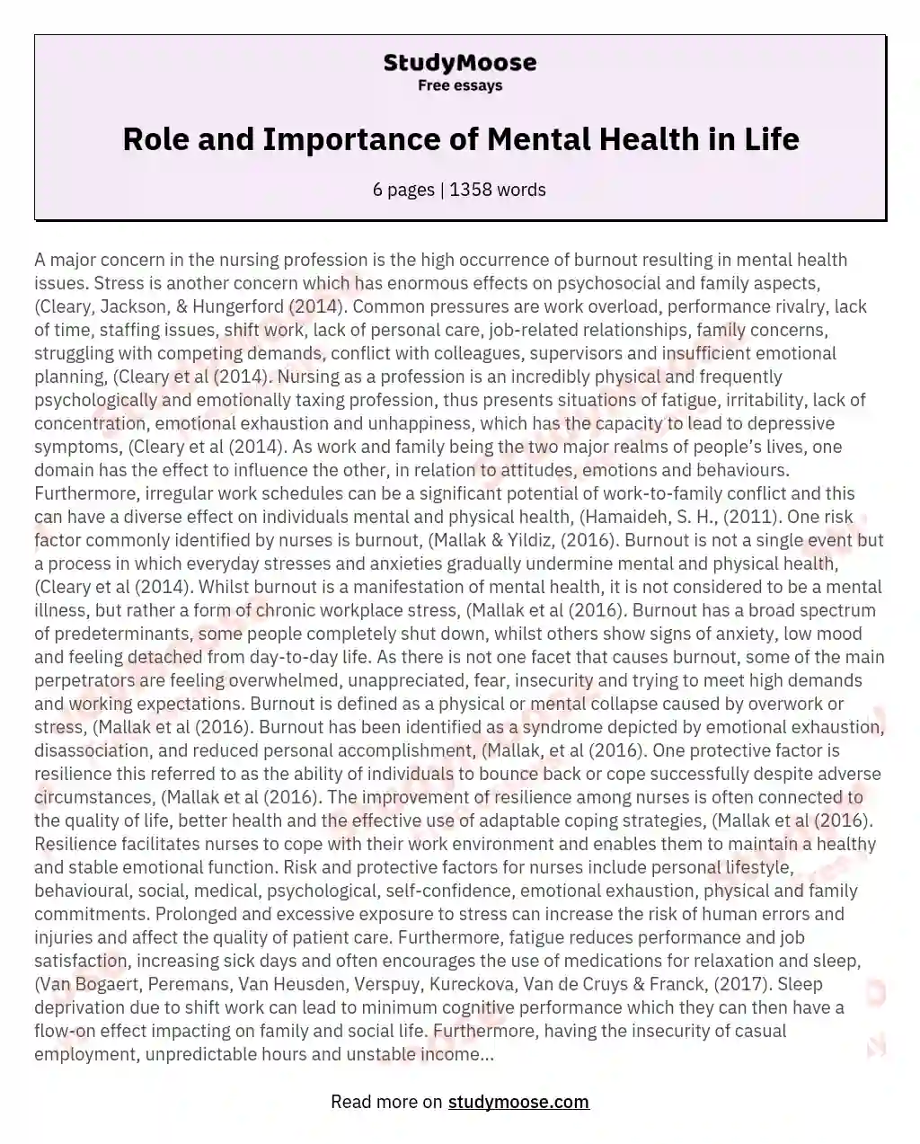 Role And Importance Of Mental Health In Life Free Essay Example