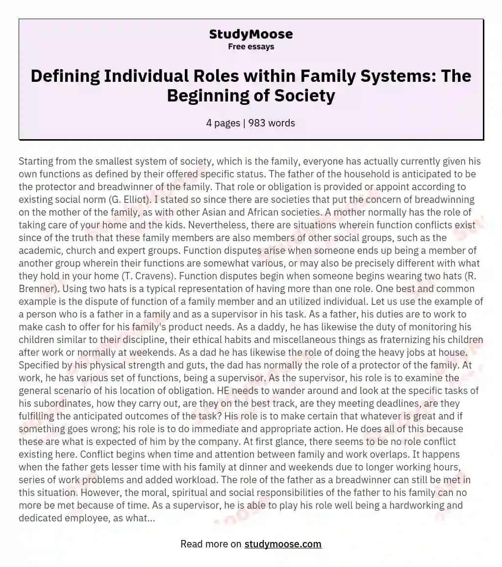 Defining Individual Roles within Family Systems: The Beginning of Society essay