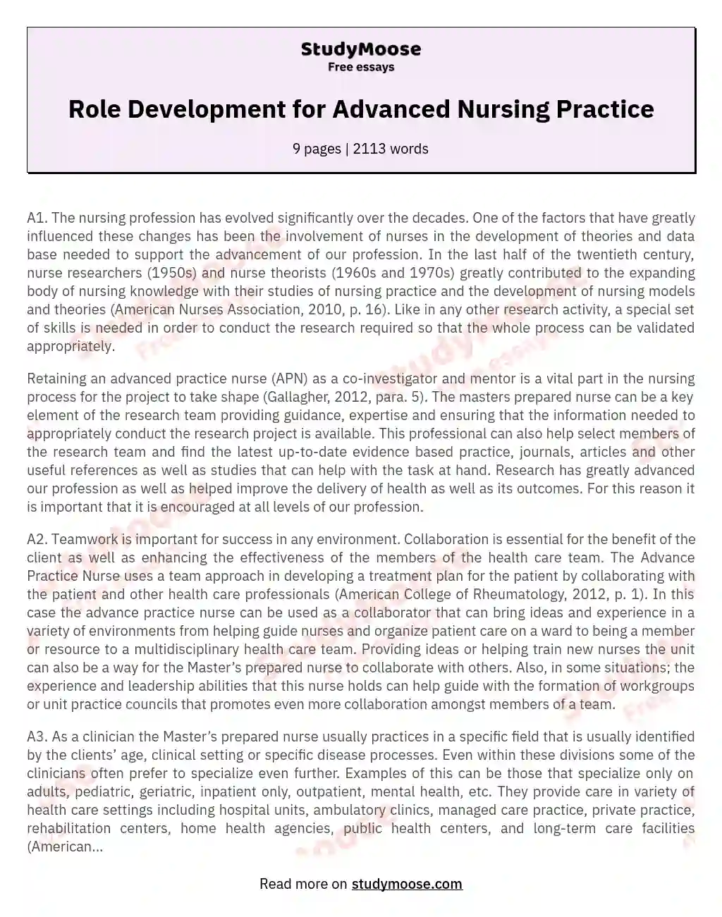 Role Development for Advanced Nursing Practice essay