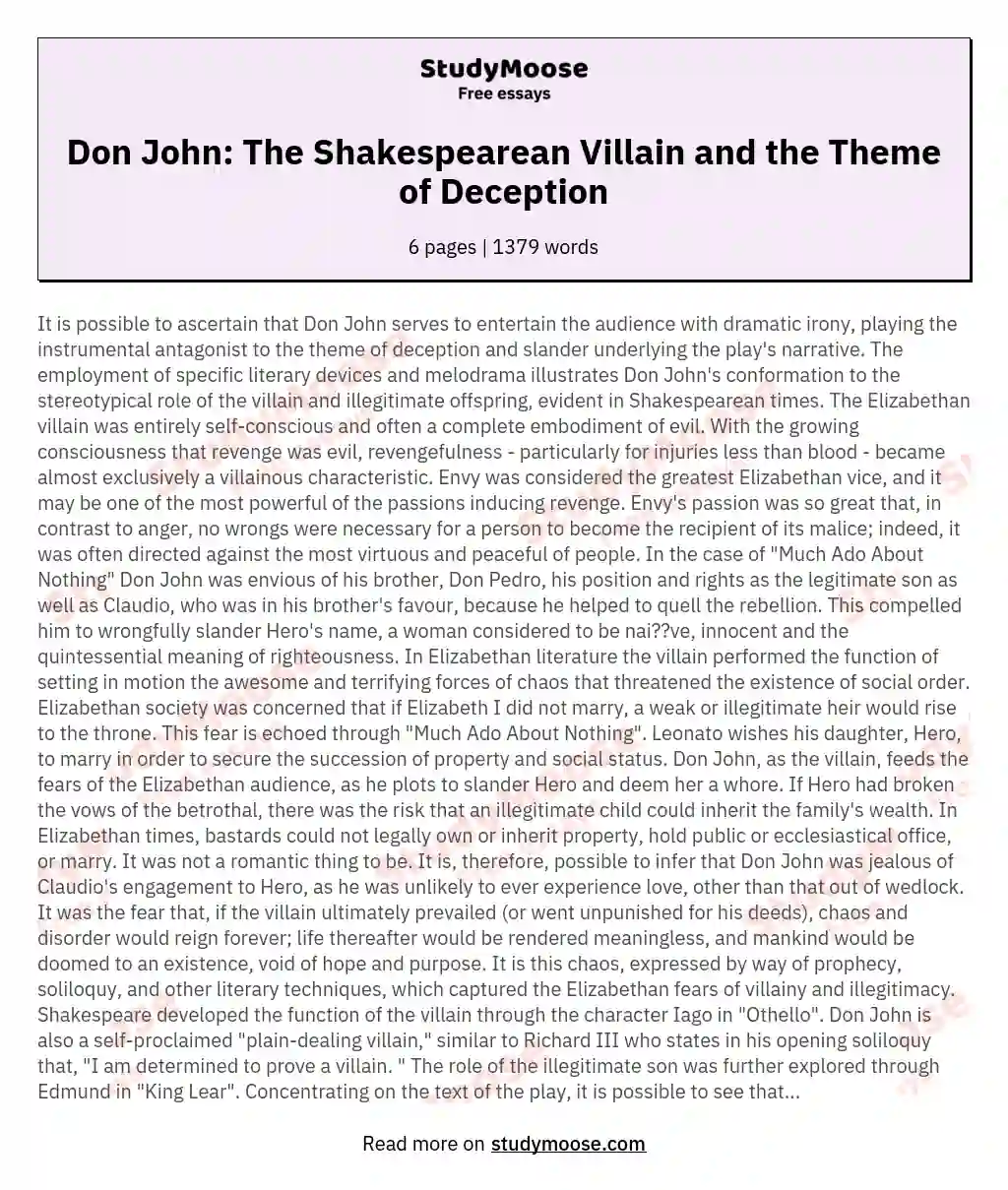 Don John: The Shakespearean Villain and the Theme of Deception essay
